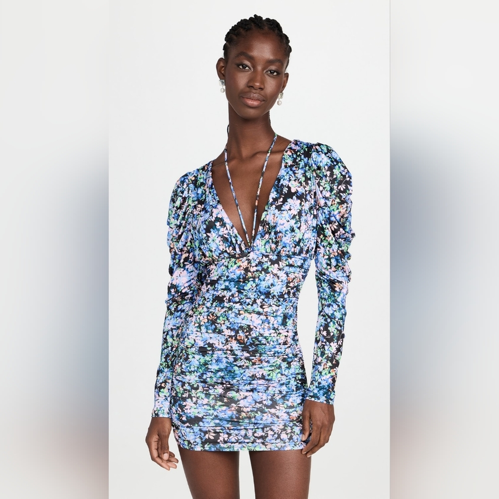 AFRM Leona Floral Puff Sleeve Ruched Mini Dress S Small